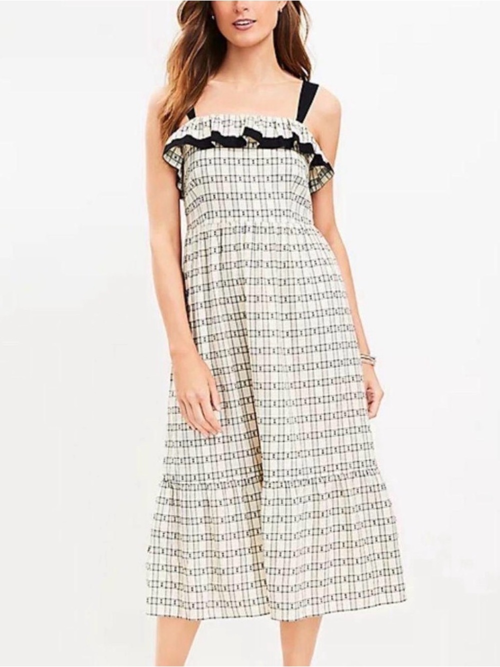 LOFT Black and Cream Plaid Ruffle Square Neck Midi Dress